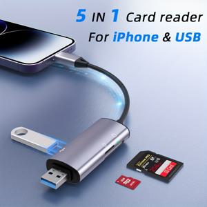 IPhone IPad 용 SD 카드 리더기 용 5 In 1, SD TF 포트가있는 USB 3.0 허브 어댑터, 플러그 앤 플레이, 듀얼 카드 슬롯 메모리 카드 리더기는 SD 및 TF/Micro SD/SDXC/SDHC/MMC/RS-MMC/UHS를 지원합니다. -나