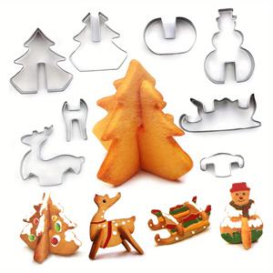 8pcs 3D 크리스마스 쿠키 커터 스테인레스 스틸 진저브레드 쿠키 성형기 캔디 비스킷 성형기 요리 베이킹 도구 크리스마스 장식을위한 레스토랑