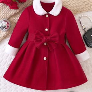 유아 여아를 위한 드레스 코트 Sweet Bowknot Design Contrast Collar Faux Woolen Jacket, 벨트 포함, 가을 및 겨울용