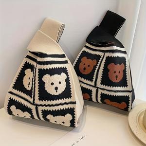 귀여운 곰 패턴 크로셰 가방, 만화 뜨개질 핸드백, 여성용 짠 노트 팔목 가방