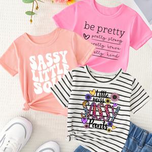 여름 파티 선물용 3개 세트로 구성된 소녀들을 위한 트렌디한 글자 그래픽 스트라이프 크루넥 반팔 티셔츠