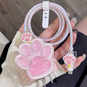 아이폰 18W-20W 충전기 및 데이터에 적합한 TPU 소프트 쉘 귀여운 3D 핑크 고양이 발톱 USB 케이블 보호 케이스