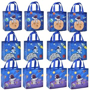 우주 비행사 선물 포장을 위한 12개의 우주 파티 선물 가방, 비닐 재사용 가능, 손잡이가 있는 남자 아이 생일 파티에 적합한 선물 가방