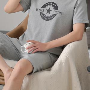 남성 패션 코튼 편안한 잠옷 라운지웨어 세트, 'YU LUCK' 프린트 캐주얼 라운드 티셔츠 티셔츠 & 반바지 세트, 여름용 2피스 남성용 얇은 통기성 의류 복장
