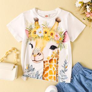 여자 어린이 기린 프린트 반팔 티셔츠 캐주얼 크루넥 티셔츠 상의 여자 어린이 셔츠 여름 옷