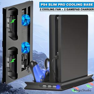 플레이스테이션 4 슬림/프로 수직 냉각 스탠드 쿨러 및 듀얼 조이스틱 USB 충전 스테이션 및 플레이스테이션 4 슬림 PS4 프로 게임 액세서리용 3개의 추가 HUB