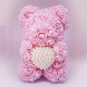 크리스마스/발렌타인데이/어머니의 날 선물을 위한 1개의 인공 장미 꽃 곰 - 영원한 꽃 장미 곰 - 진주 하트 장미 곰 (박스 없음)