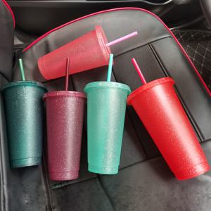 빨대와 뚜껑이 있는 플라스틱 텀블러 5개, 16온스/24온스, 재사용 가능한 파티 마시는 컵, BPA 무료 콜드 커피 텀블러