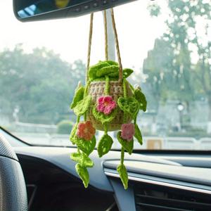 귀여운 크로셰 식물로 자동차 스타일을 업그레이드하세요. 자동차 거울 장식품 걸이용 액세서리 - 자동차 애호가를 위한 완벽한 선물!