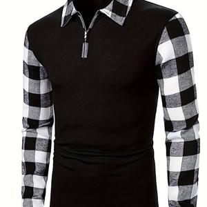 남성용 레트로 스타일 플레드 패턴 긴팔 라펠 셔츠, 지퍼 헨리넥, 가을과 겨울 야외 착용을 위한 클래식 캐주얼 상의
