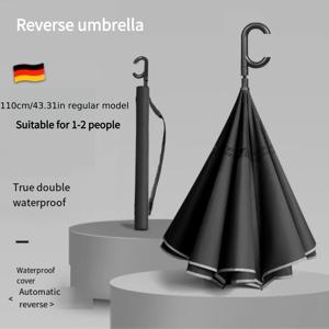 반사 스트립 디자인의 1pc 자동/수동 더블 레이어 스트레이트 핸들 역방향 우산, 야간 반사 스트립이 있는 초대형 편리하고 혁신적인 업그레이드 우산