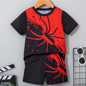 2pcs 소년용 캐주얼 컬러 블록 스파이더 그래픽 프린트 반팔 티셔츠 & 반바지 세트, 편안한 여름 어린이 옷