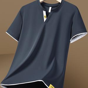 남성용 컬러 매칭 티셔츠, 캐주얼한 반팔 V넥 티, 야외용 남성 의류