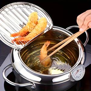 튀김 튀김 냄비, 온도계가있는 두꺼운 스테인레스 스틸 튀김 프라이팬, 레스토랑 사용을위한 일본식 튀김 프라이팬