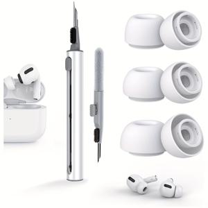 에어팟 프로 및 2세대용 3켤레 교체용 귀팁과 소음 감소 구멍이 있는 청소 키트, 에어팟 1 2 3 프로/2세대용 청소 펜, 내장 먼지 가드 스크린, 3가지 사이즈 (S/M/L)