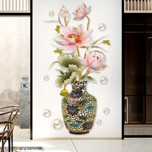 중국 스타일 빈티지 연꽃, 물고기 꽃병, 벽 스티커, 장식 예술, 이동식, 거실 배경 홈 장식