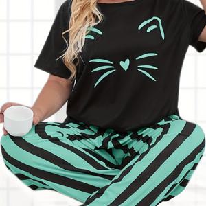 플러스 사이즈 귀여운 파자마 세트, 여성용 플러스 귀여운 고양이 프린트 반팔 라운드 넥 탑 & 스트라이프 바지 라운지 투피스 세트