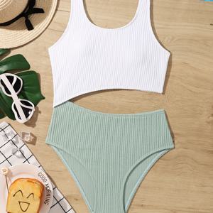 여자 아이들을 위한 컬러 블록 스플라이스 1조각 수영복 - 허리 컷아웃 디자인의 휴일 수영복 - 수영장과 해변에서 입을 수 있는 목욕복