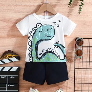 아기의 귀여운 수면 공룡 프린트 여름 세트, 반팔 티셔츠와 캐주얼 반바지, 아기 남아 옷