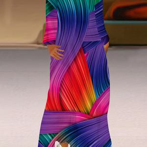 플러스 사이즈 캐주얼 드레스, 여성용 플러스 컬러풀 스트라이프 프린트 롱 슬리브 노치 넥 슬라이트 스트레치 맥시 드레스