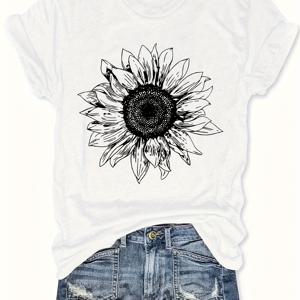 플러스 사이즈 해바라기 프린트 티셔츠, 여름과 봄을 위한 반팔 크루넥 캐주얼 탑, 여성 플러스 사이즈 의류