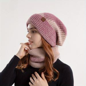 2 조각 겨울 따뜻한 모자 스카프 세트, 플러시 안감 넥 워머 니트 스컬 비니 모자, 겨울 야외 방한 액세서리