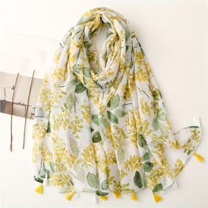 여성을 위한 여름용 선스크린 여행 스카프, 우아하고 얇고 통기성이 좋은 타슬 장식이 있는 녹색 노란 꽃무늬 스카프