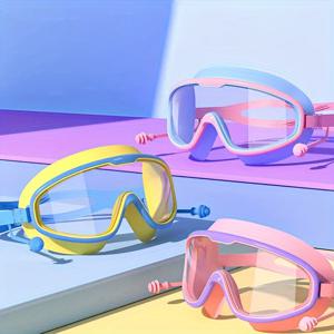 수영용 방수 및 안개 방지 HD 대형 프레임 고글, 이어플러그가 있는 일체형 실리콘 수영 고글