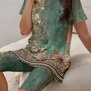 플러스 사이즈 꽃무늬 투피스, 크루 넥 반팔 상의 & 반바지 의상, 여성 플러스 사이즈 의류