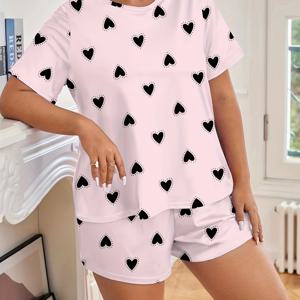 플러스 사이즈 귀여운 잠옷 세트, 여성용 플러스 하트 프린트 반소매 티셔츠 & 반바지 컴포트 라운지웨어 2개 세트, 여성용 플러스 사이즈 투피스 세트
