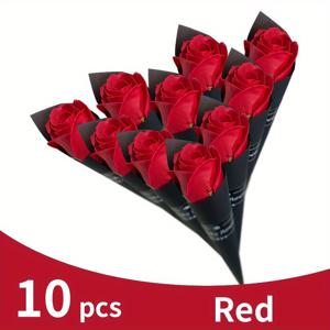 웨딩, 생일 등을 위한 10개의 현실적인 가짜 장미 꽃다발 - 꽃 꾸미기와 집 장식을 위한 긴 줄기 장미 - 발렌타인 데이, 어버이날, 생일을 위한 완벽한 선물