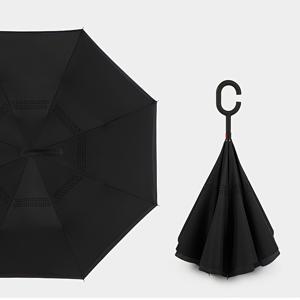 C형태 핸들이 달린 역방향으로 서있는 더블 레이어 손을 비워놓을 수 있는 바람막이 방수 직선 우산