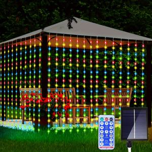 1개 300개의 LED 태양 커튼 라이트, 야외 리모컨 라이트, 8가지 조명 모드의 페어리 라이트, 방수 구리 와이어 라이트, 크리스마스 파티 웨딩 홈 베드룸 정원 벽 장식, 할로윈 장식 야외 조명 8.86''x6.56''