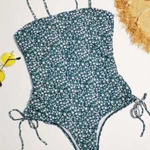 Ditsy 꽃 스파게티 스트랩 타이 사이드 비치웨어, 스퀘어 넥 하이 컷 식물 프린트 원피스 수영복, 귀여운 섹시한 스타일, 여성 수영복 및 의류