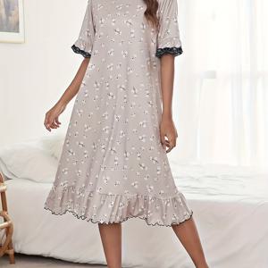 여성용 우아한 잠옷, 플러스 사이즈 디츠 플로럴 프린트 반팔 레이스 트림 라운지 드레스