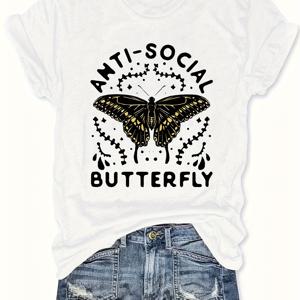 플러스 사이즈 곤충 & 문자 프린트 티셔츠, 봄 & 여름을 위한 캐주얼 반팔 상의, 여성 플러스 사이즈 의류