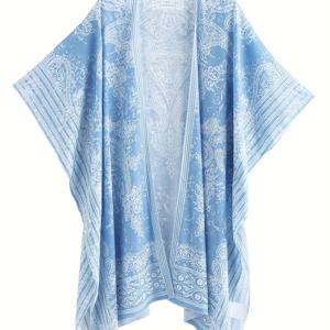 블루 루즈핏 커버업 셔츠, V넥 비스트레치 보호 스타일 가디건, 여성용 수영복 및 의류
