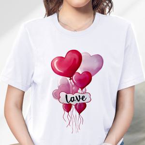 발렌타인 데이를 기념하는 사랑의 풍선 그래픽이 있는 캐주얼 티셔츠, 라운드 넥 반팔 편안한 스포츠 상의, 여성용 스포티한 의류 그래픽
