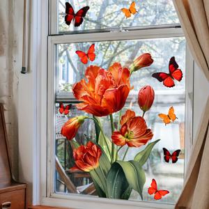 꽃 정전기 유리 스티커, 튤립 나비 발렌타인 데이 장식, 거실 홈 유리 창 장식 벽 스티커