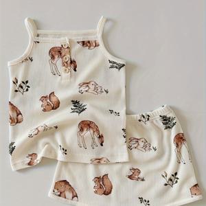 여자 아이들을 위한 카툰 곰 다람쥐 패턴의 프린트가 있는 서스펜더 탑 + 반바지 세트 베이비 걸즈 여름 루웨어 파자마 세트 형제 자매들이 입을 수 있는 복장