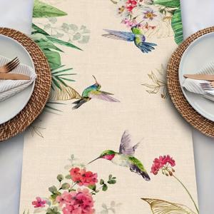 홈, 파티 장식을 위한 계절적인 봄 테마 주방 식탁 장식, 다채로운 야생화와 벌새 패턴 테이블 러너, 1개