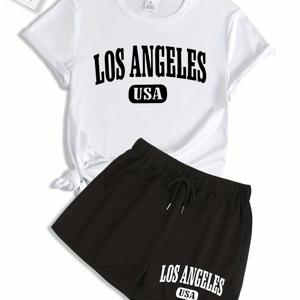 로스앤젤레스 미국 편지 그래픽 반팔 스포츠 티셔츠와 빠르게 건조되는 드로스트링 러닝 숏츠로 이루어진 2개의 캐주얼 스포츠 세트, 여성용 액티브웨어