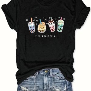 플러스 사이즈 Drinking & FRIENDS 프린트 티셔츠, 봄 & 여름용 캐주얼 반소매 크루넥 탑, 여성용 플러스 사이즈 의류