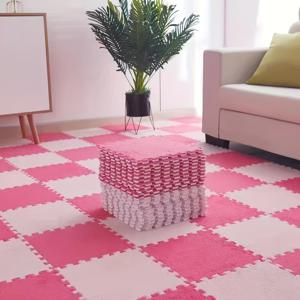 10개, 부드럽고 편안한 핑크색 플러시 퍼즐 폼 바닥 매트 - 미끄럼 방지 및 보호용 침실 및 유아실용 지붕 - 12인치 x 12인치