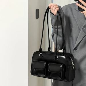 빈티지 프레피 숄더백, Y2K 인조 가죽 겨드랑이 가방, 여성용 최신 유행 멀티 포켓 핸드백