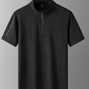 남성용 솔리드 반소매 및 지퍼가 달린 헨리넥 스탠드 칼라 셔츠, 여름 골프 의류 및 야외 활동을 위한 캐주얼하고 시크함