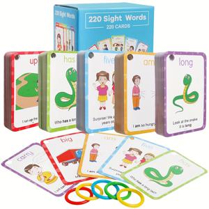 유치원을 위한 시력 단어 플래시 카드, 아이들을 위한 그림과 문장이 있는 220 Dolch 큰 단어는 읽기, 유치원 연령, 1, 2, 3학년, 홈스쿨(5개의 링 포함)을 배웁니다.