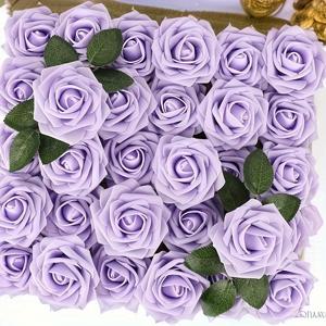 25개 팩 인공 장미 꽃, 실감나는 가짜 꽃, DIY 꽃다발을 위한 웨딩 파티 샤워 홈 장식, 어머니의 날 발렌타인 데이 선물 (라벤더)