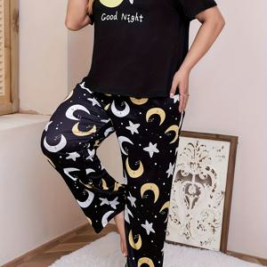 여성용 플러스 귀여운 잠옷 세트, 플러스 사이즈의 만화 별 & 달 프린트 반팔 상의 & 바지 루프 2개 세트