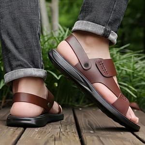 남성을 위한 솔리드 컬러 빈티지 오픈 토 숨쉬는 샌들, 편안한 미끄럼 방지 카주얼 내구성 있는 비치 워터 신발, 남성을 위한 야외용 신발